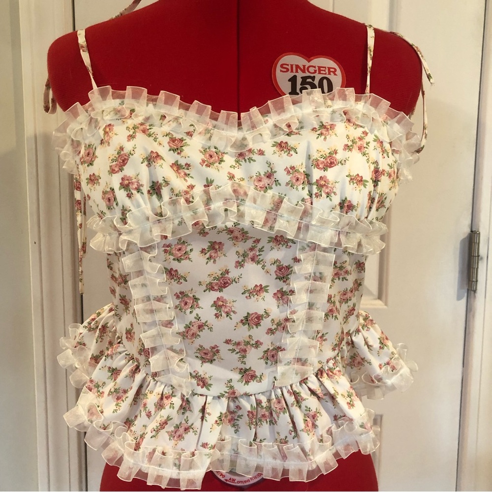 Adorable Floral Crop Top with Sheer Ruffle Trim and Bow Knot Straps